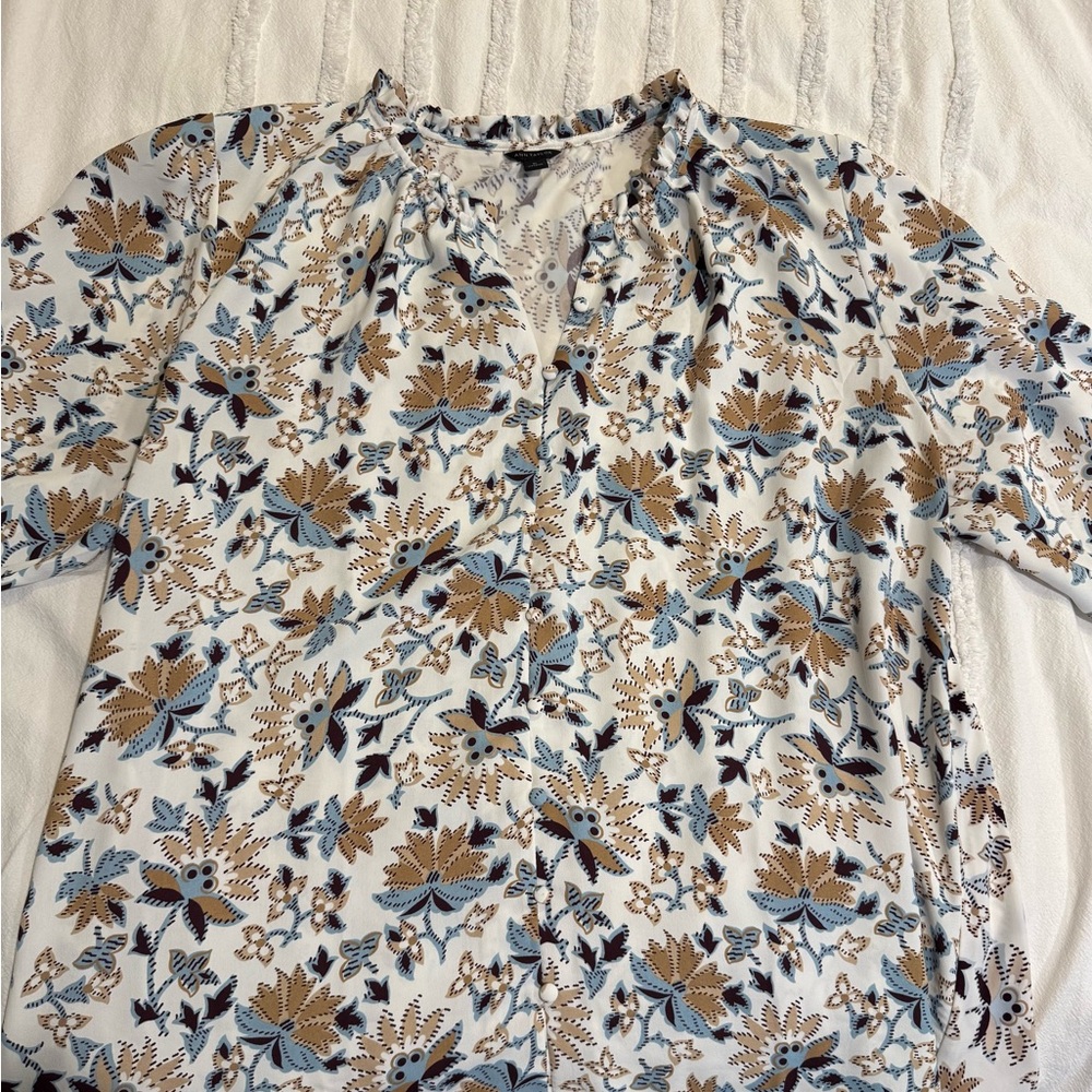 Ann Taylor Navy Blue and Brown 3/4 Sleeve Relaxed Blouse